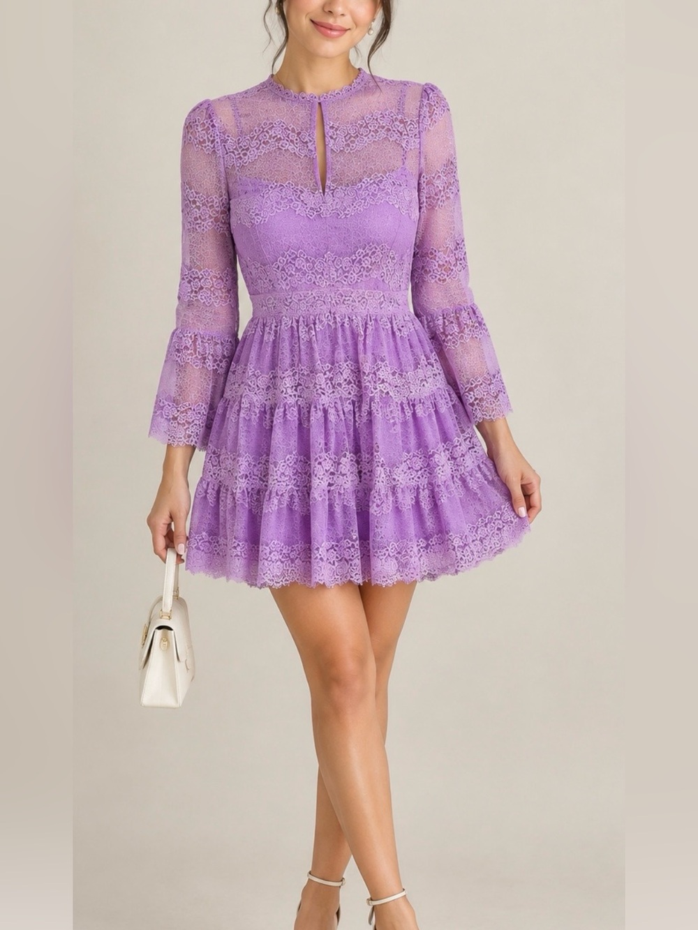 New! bebe Purple Lace Long Sleeve Dress